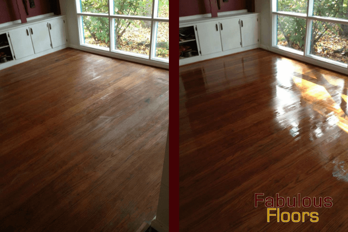 Before and after hardwood floor refinishing in Hilliard, OH
