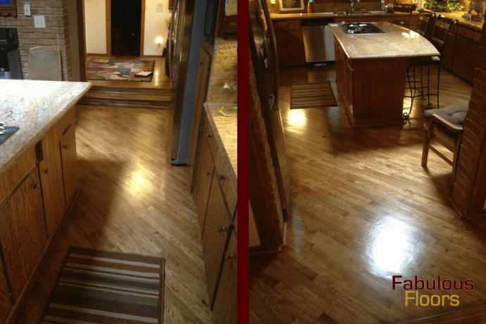 before and after of a hardwood resurfacing job in a huber ridge kitchen