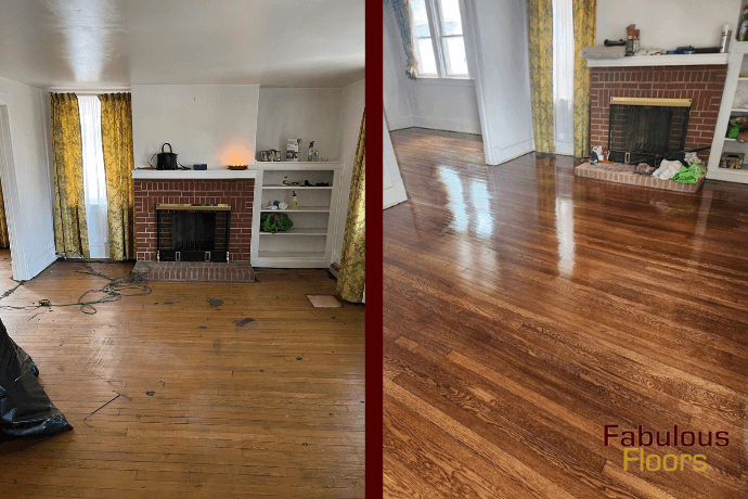 before and after floor refinishing in a living room in hill top, oh