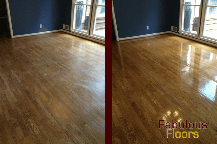 before and after of a hardwood refinishing project